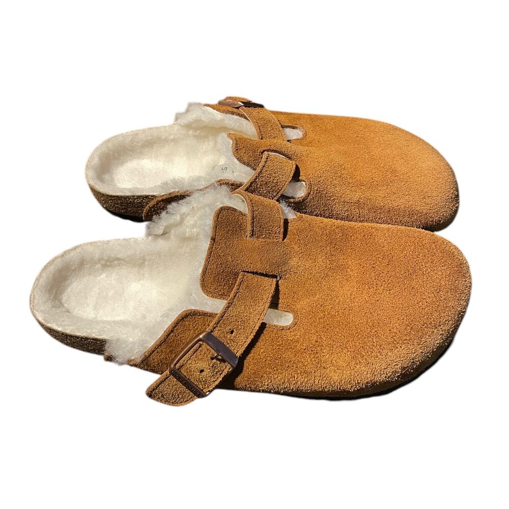 Birkenstock Suede Clog Sandals in Cognac Brown with Cream Shearling - Picture 2 of 11